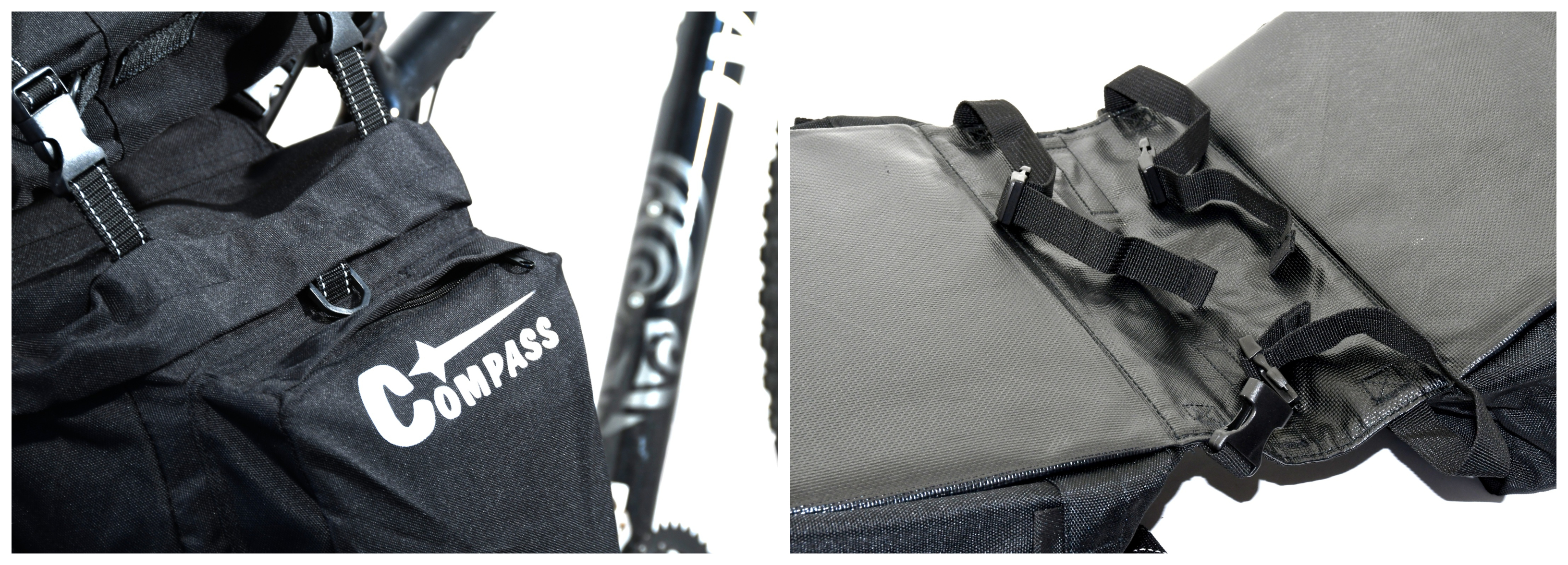 Univerzální prostorná cyklobrašna Compass Bike 12032 v provedení 3 v 1 má nastavitelné přezky pro jednoduché upnutí na zadní nosič bez ohledu na rozměry.