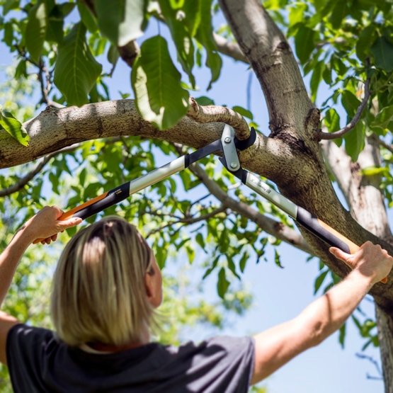žena stříhající větev stromu nůžkami Fiskars PowerGear X LX94