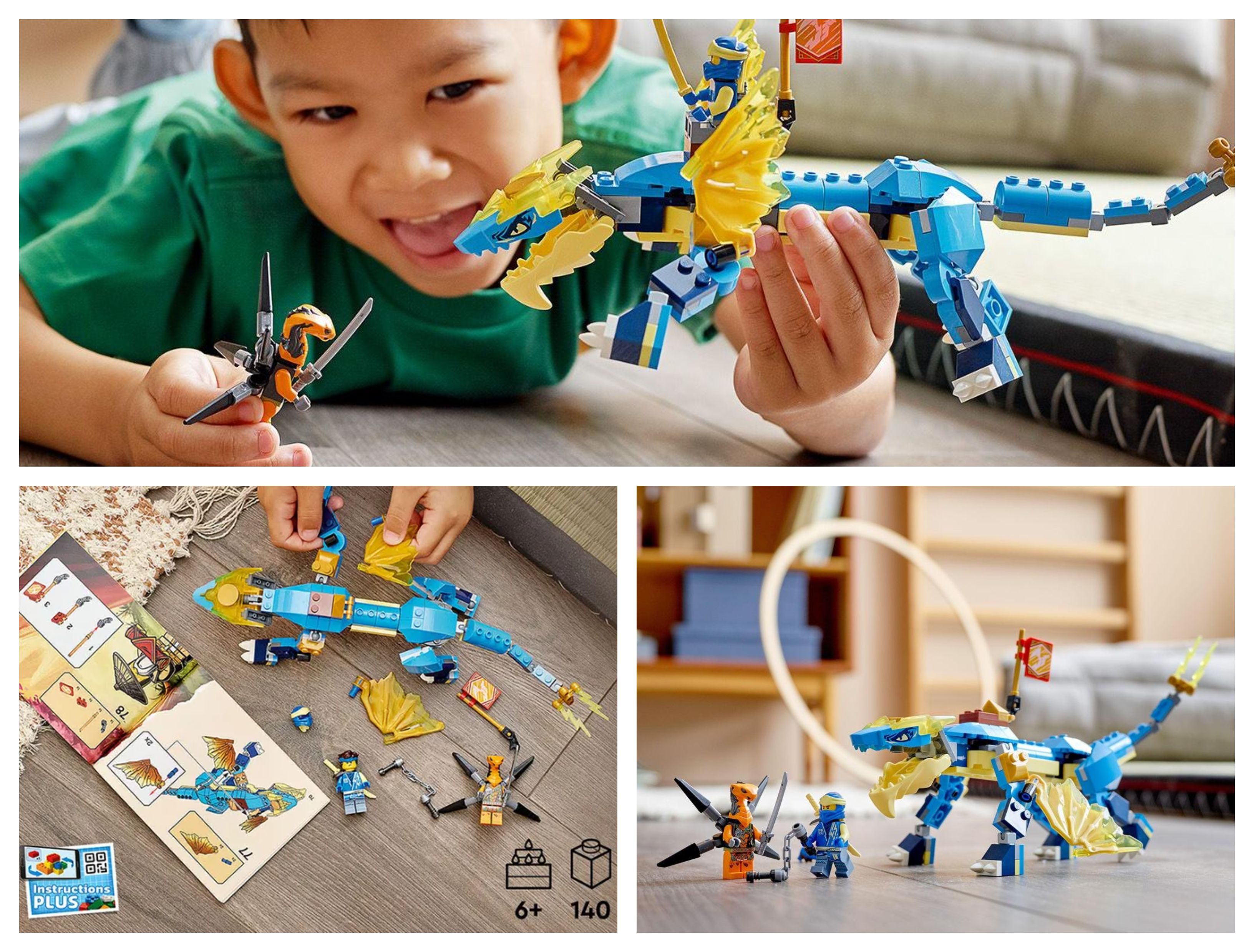 Stavebnice LEGO Ninjago Jay’s Thunder Dragon EVO (71760) obsahuje pohyblivou figurku draka jménem Evo, 2 figurky Jaye a Zmijího letce, vyměnitelné zbraně a mnoho dalších dílků.
