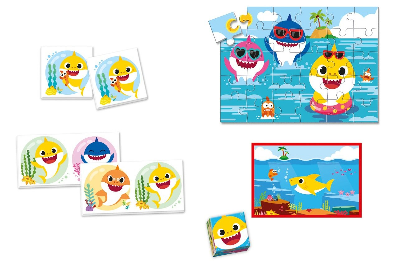 Sada Clementoni EDUkit Baby Shark 4v1 obsahuje puzzle, domino, pexeso a obrázkové kostky