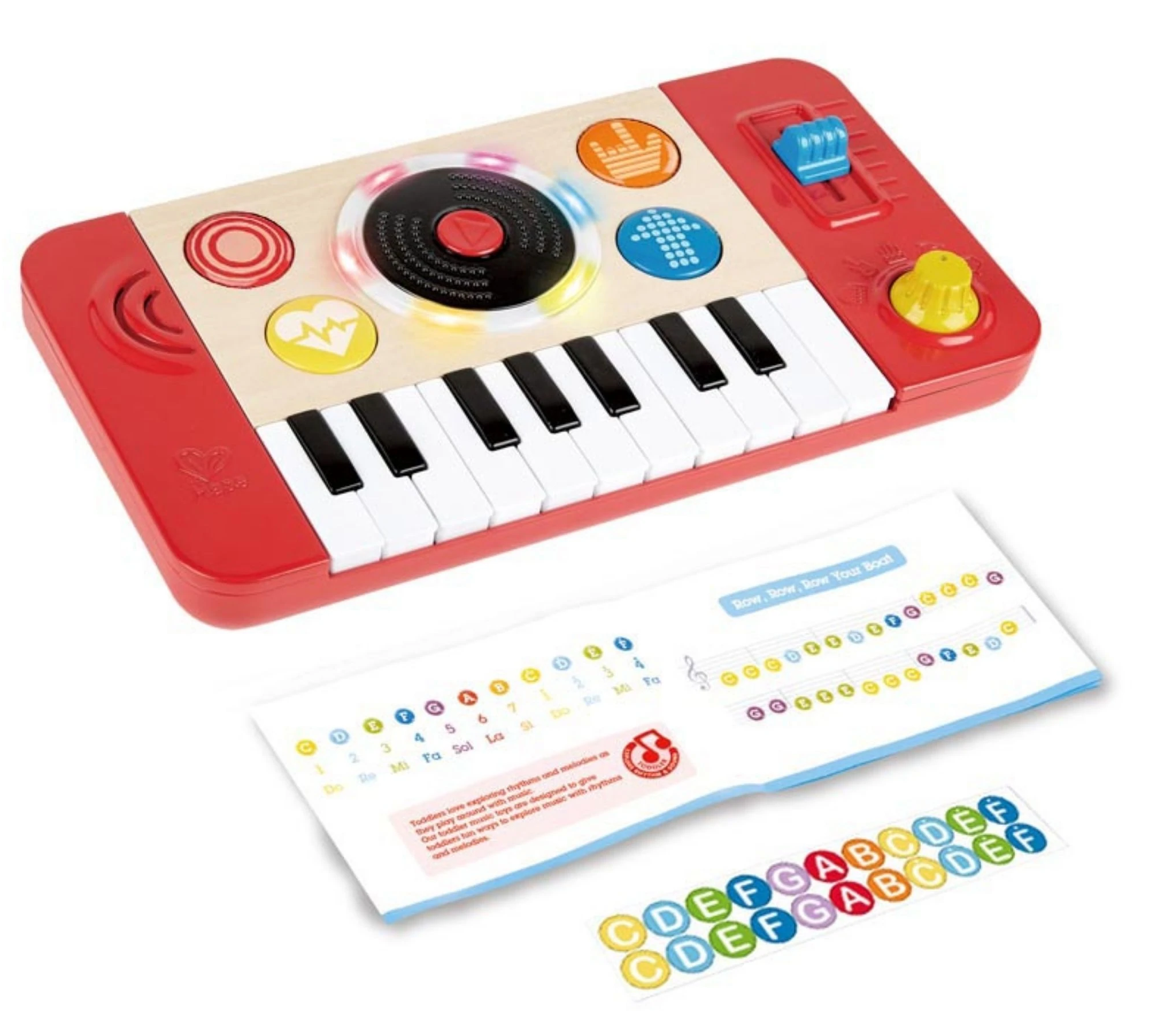 K mixážnímu pultu Hape Mix and Spin Studio je dodáván booklet s jednoduchými písničkami a nálepky pro snadnou orientaci na klaviatuře podle barev.