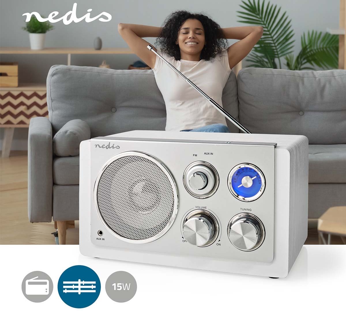 Designový FM radiopřijímač Nedis RDFM5110WT zapadne do jakéhokoliv interiéru bez ohledu na konceptuální styl daného prostoru.