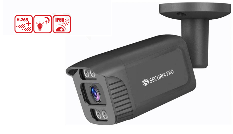 Venkovní Bullet kamera Securia Pro N659SF-5MP-B je vybavená stříškou a rovněž má certifikaci IP66 proti prachu, vlhkosti a vodě.