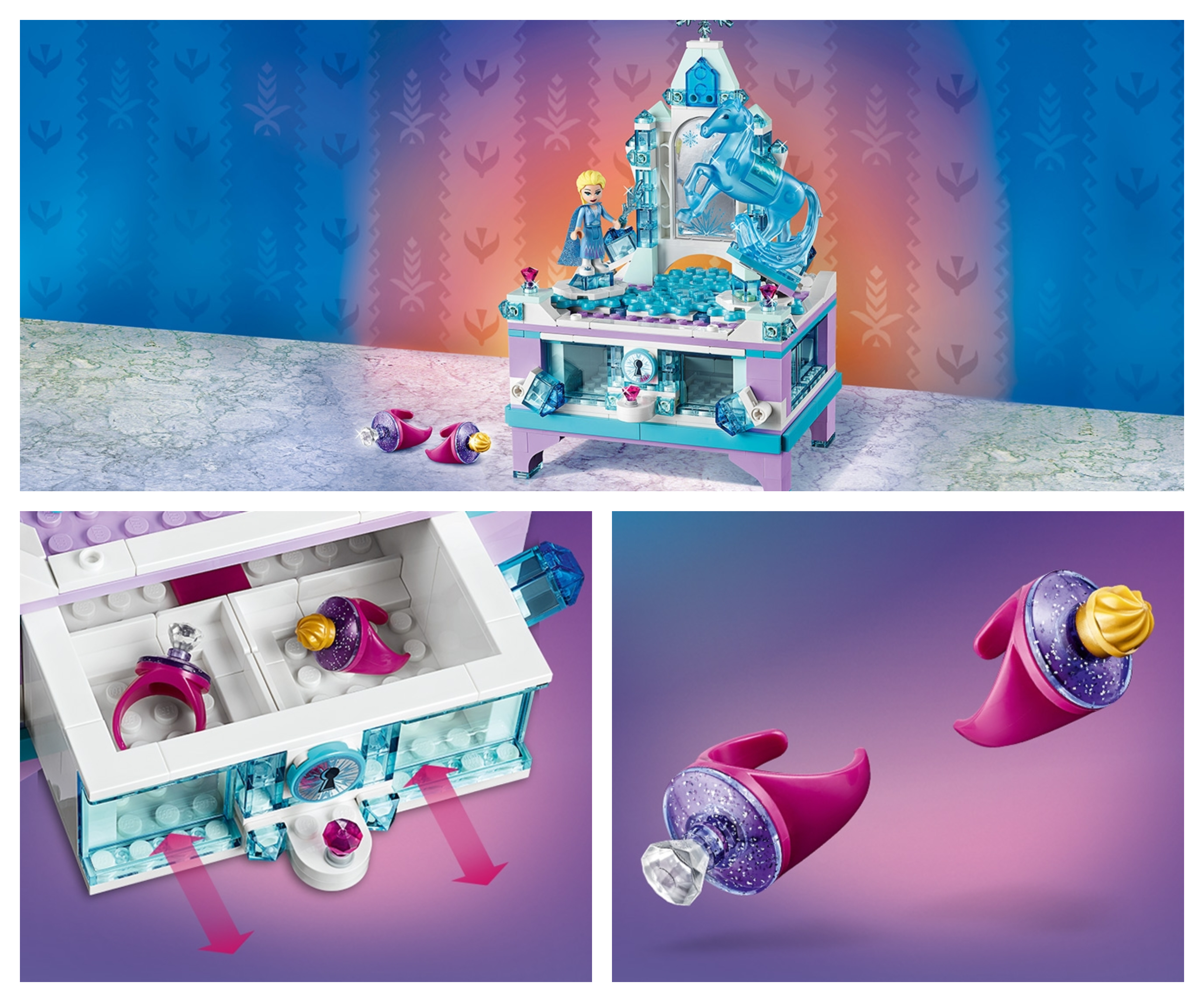 Šperkovnice LEGO Disney Elsa’s Jewelry Box Creation (41168) je dodávána se 2 prsteny a 2 miniaturními figurkami princezny Elsy a jejího koně Nokka.