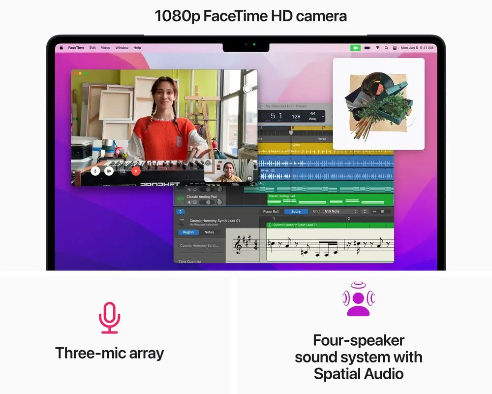 Apple MacBook Air M2 se hod pro hlasov, hudebn i video aplikace, kdy je vybaven 3 mikrofony studiov kvality a 1080p webovou kamerou FaceTime.