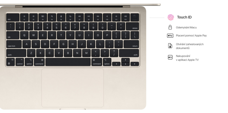 Integrovaná čtečka otisků prstů Touch ID umožní rychlé a přitom zabezpečené přihlášení do MacBooku Air M2.